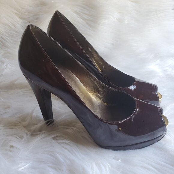 Stuart Weitzman Burgundy Patent Leather Peep Toe Platform Pumps SZ 8.5 - Picture 3 of 12